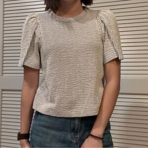 Club Monaco black & white striped blouse / tee with ruffle sleeve design